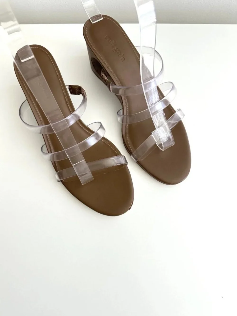 CULT GAIA Merced Strappy PVC Wooden Cutout Wedge Sandals in Clear/Brown Size 38